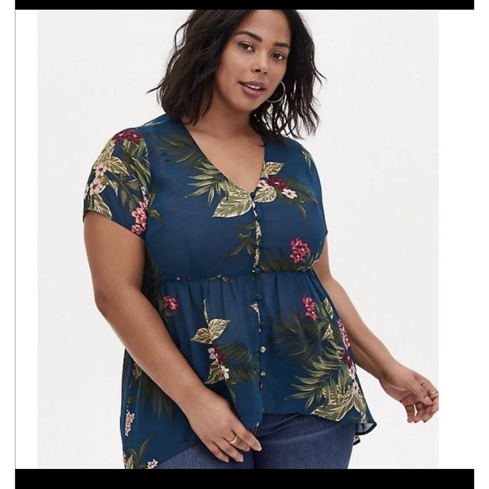 Torrid Plus Size 4 Teal Tropical Floral Chiffon Hi-Lo Babydoll Tunic Top